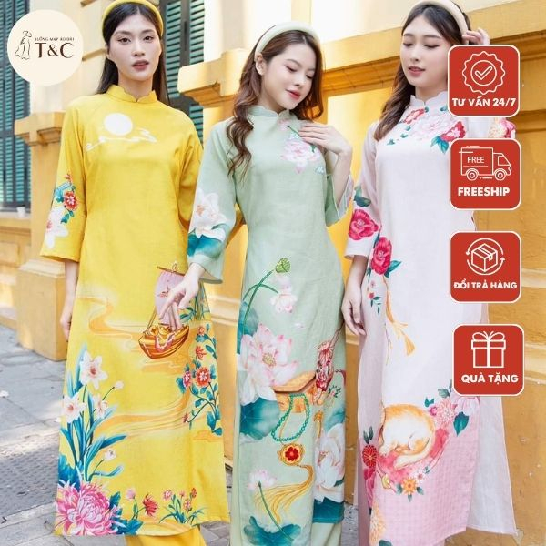 Áo dài cách tân nhiều màu in họa tiết xinh chất liệu tơ 4 tà cao cấp - Xưởng Áo Dài Cách Tân - AD67