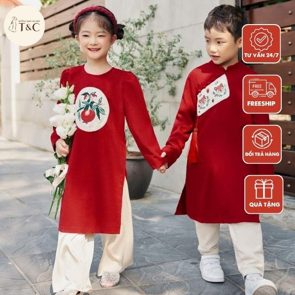 Áo dài cách tân anh em nhiều màu chất liệu lụa chéo thêu nổi kèm tua rua may mắn -  Xưởng Áo Dài Cách Tân - AE03