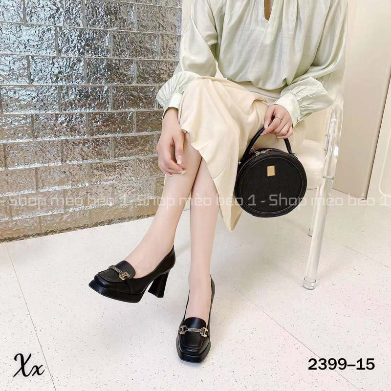 Giày cao gót mũi vuông đai miu khoá ngang đế đúp gót trụ fullbox hàng quảng châu cao cấp