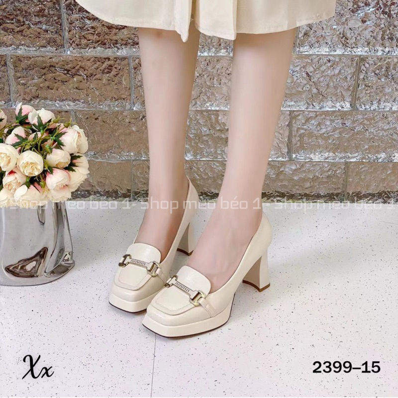 Giày cao gót mũi vuông đai miu khoá ngang đế đúp gót trụ fullbox hàng quảng châu cao cấp