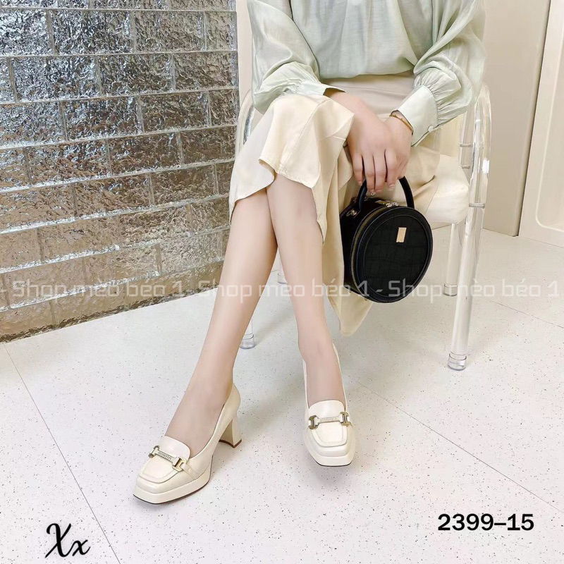 Giày cao gót mũi vuông đai miu khoá ngang đế đúp gót trụ fullbox hàng quảng châu cao cấp