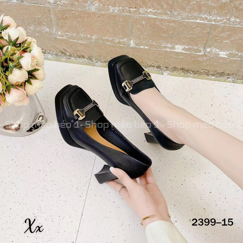 Giày cao gót mũi vuông đai miu khoá ngang đế đúp gót trụ fullbox hàng quảng châu cao cấp