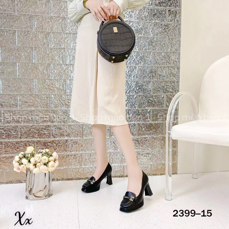 Giày cao gót mũi vuông đai miu khoá ngang đế đúp gót trụ fullbox hàng quảng châu cao cấp