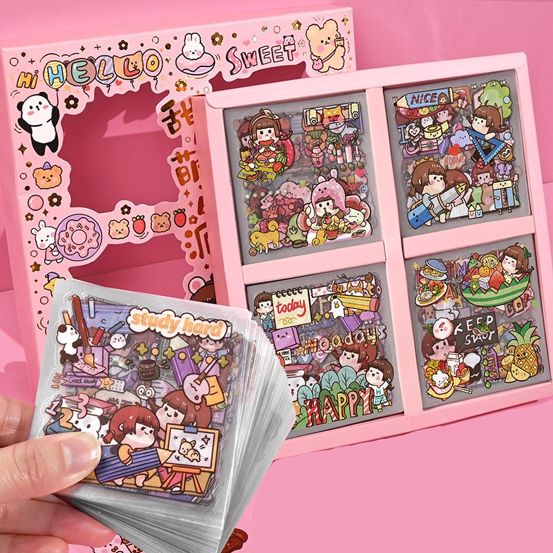 Hộp sticker 100 tấm cute trong suốt giá rẻ dán mũ bảo hiểm set 100 hình dán ST02