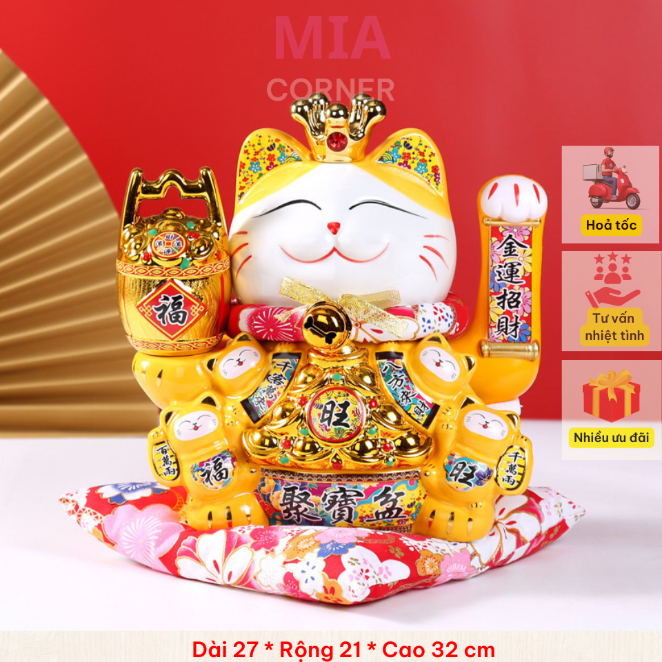Mèo thần tài size lớn, mèo vẫy tài phong thuỷ Maneki Neko - Size 32 cm