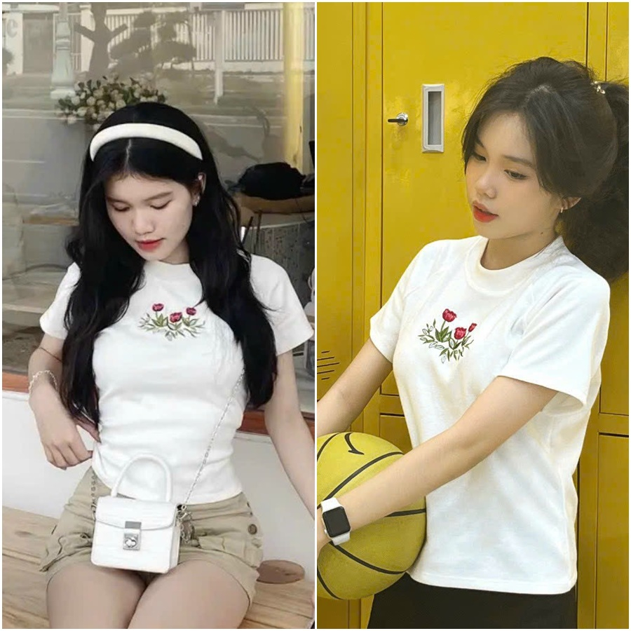 Áo thun BabyTee màu trắng thêu 3 hoa hàng mới về siêu hot hit