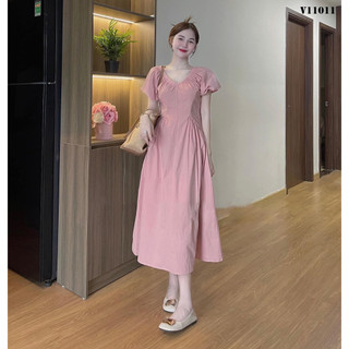 Đầm maxi nữ đi biển dáng dài, đầm babydoll màu hồng cổ tròn tay búp nhún eo dáng xòe đi chơi, du lịch chanh sả mtb