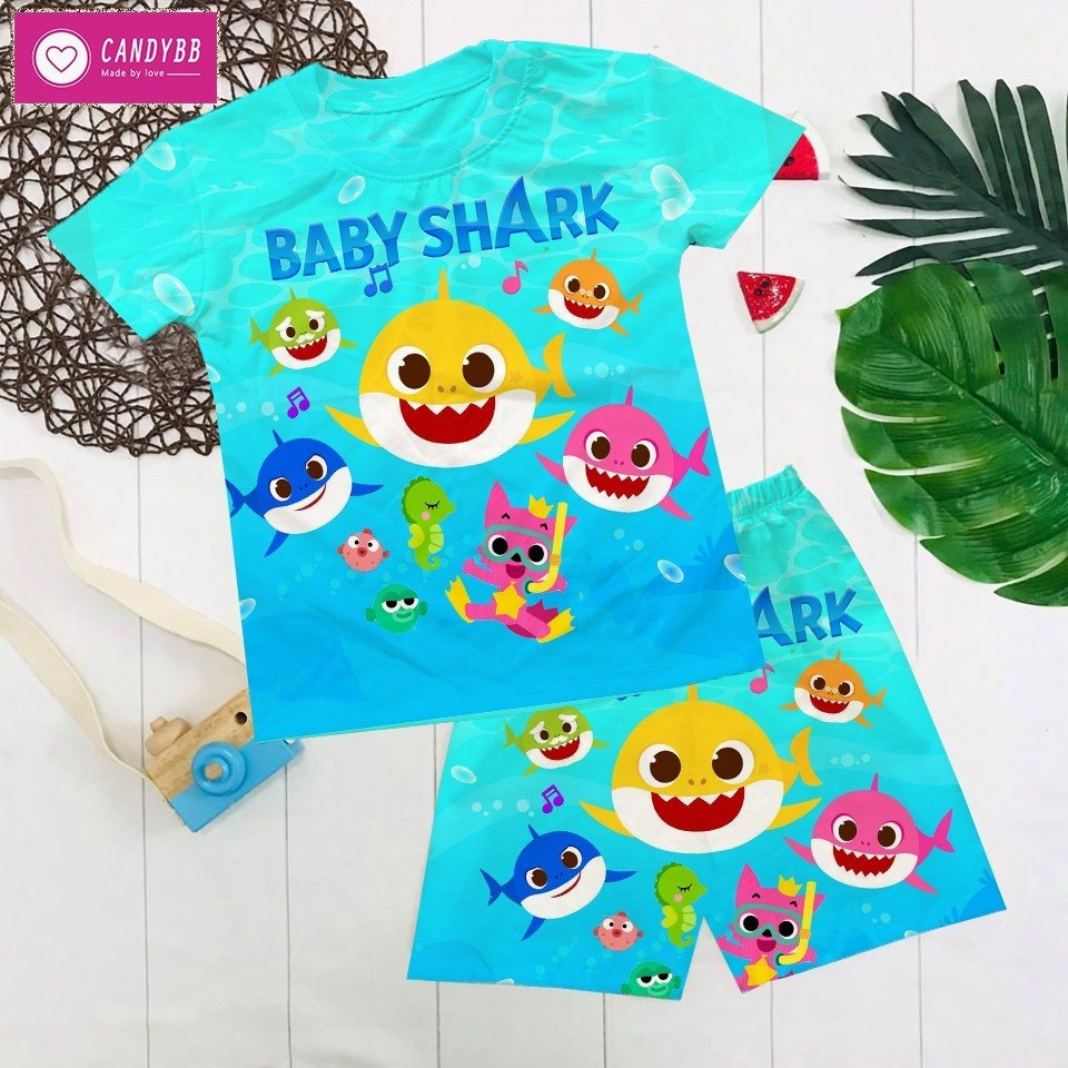 Bộ thun lạnh Baby Shark cho bé trai và bé gái, hình in BabyShark bộ thun ngắn, size bé