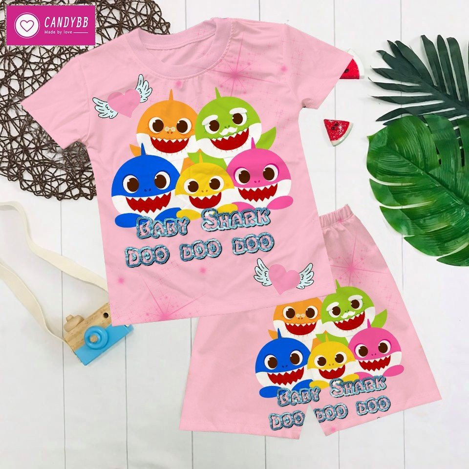 Bộ thun lạnh Baby Shark cho bé trai và bé gái, hình in BabyShark bộ thun ngắn, size bé