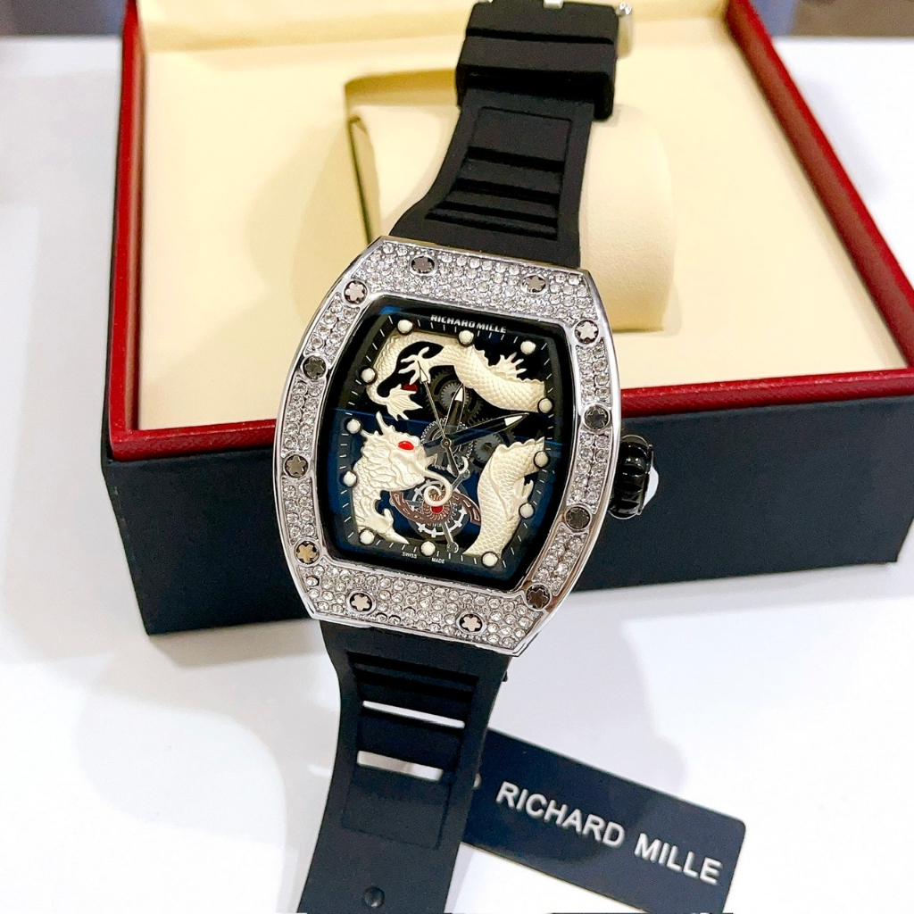 Đồng Hồ Nam RIchard Mille Mặt Rồng, Viền Đính Đá, Size Mặt 44mm, Máy Pin, Dây Cao Su, Chống Nước 3ATM, Bảo Hành Máy 12