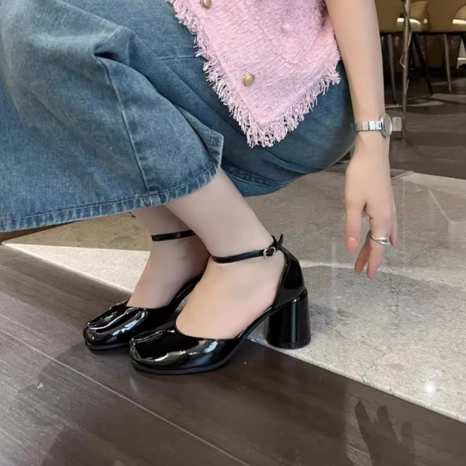 Giày búp bê móng ngựa xỏ mũi cao gót phong cách lolita kiểu gót vuông cho nữ đẹp 2023