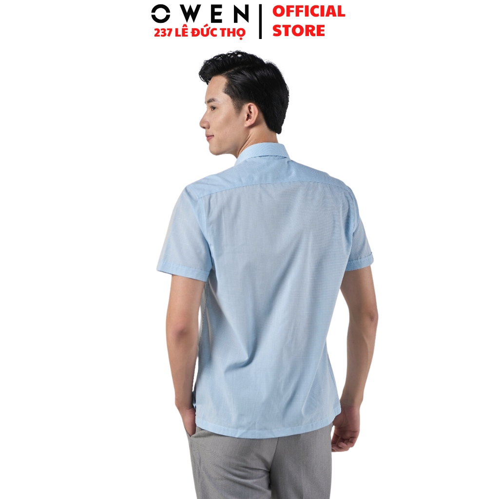 Áo sơ mi ngắn tay nam OWEN AB230122NT somi công sở màu xanh họa tiết vải sợi tre cao cấp form body fit tà bằng có túi