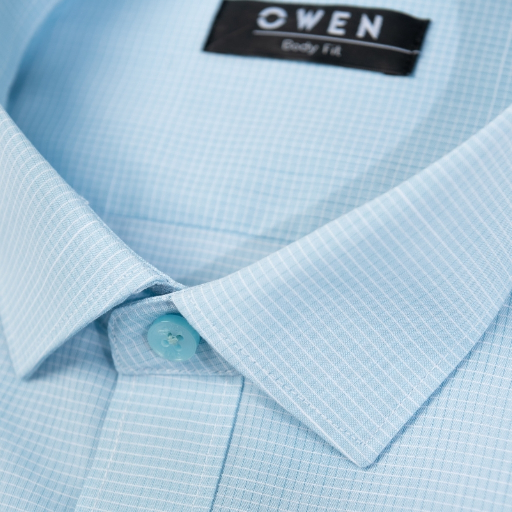 Áo sơ mi ngắn tay nam OWEN AB230122NT somi công sở màu xanh họa tiết vải sợi tre cao cấp form body fit tà bằng có túi