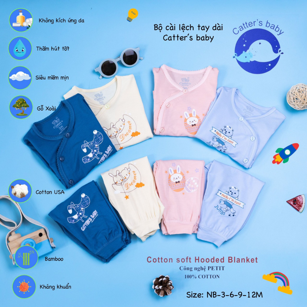 Bộ Cài Lệch Tay Dài Sơ Sinh Thun Lạnh 4 màu Cao Cấp MTK