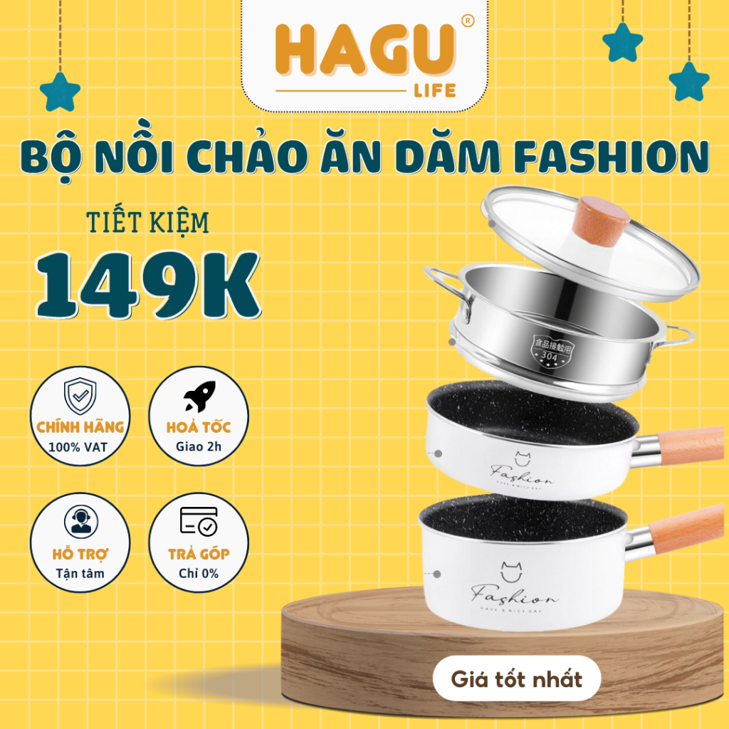 Bộ Nồi Chảo Ăn Dặm Cho Bé Kèm Xửng Hấp, Bộ Nồi Chảo Nấu Ăn Dặm Fashion 16cm Cho Bé Ăn Dặm Kèm Quà Tặng