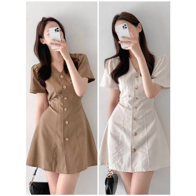 Đầm váy trơn nâu be cổ V dáng ngắn basic có dây thắt eo Hàn Quốc