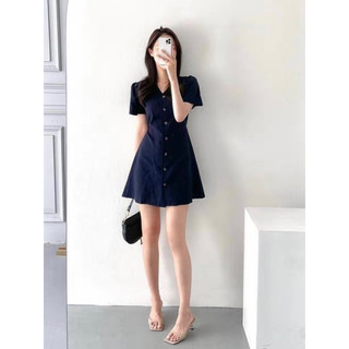 Đầm váy trơn nâu be cổ V dáng ngắn basic có dây thắt eo Hàn Quốc