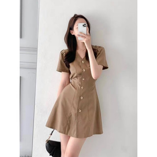 Đầm váy trơn nâu be cổ V dáng ngắn basic có dây thắt eo Hàn Quốc