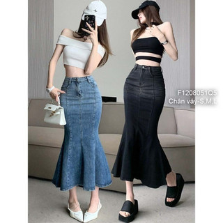 Chân váy jean đuôi cá dáng dài phối màu loang siêu thời trang!