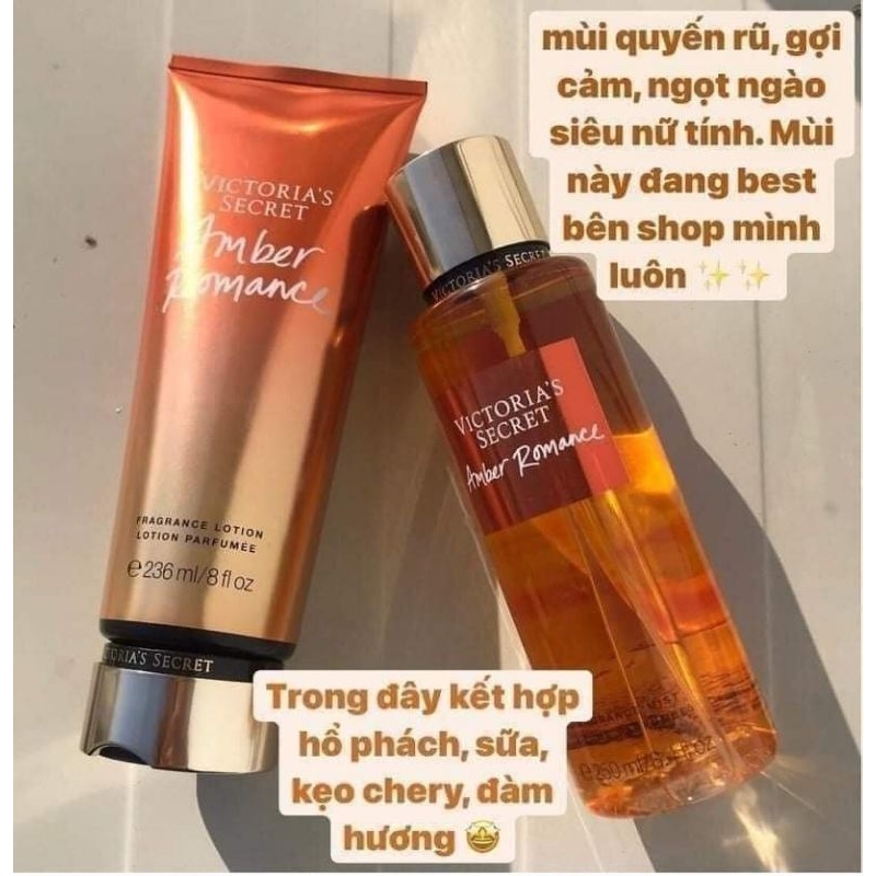 Combo 2 loại Xịt thơm body và kem dưỡng thể nước hoa Victoria's secret Amber Romance