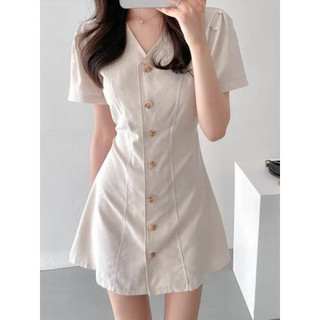 Đầm váy trơn nâu be cổ V dáng ngắn basic có dây thắt eo Hàn Quốc