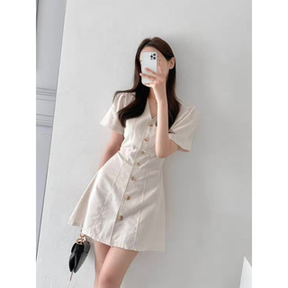 Đầm váy trơn nâu be cổ V dáng ngắn basic có dây thắt eo Hàn Quốc