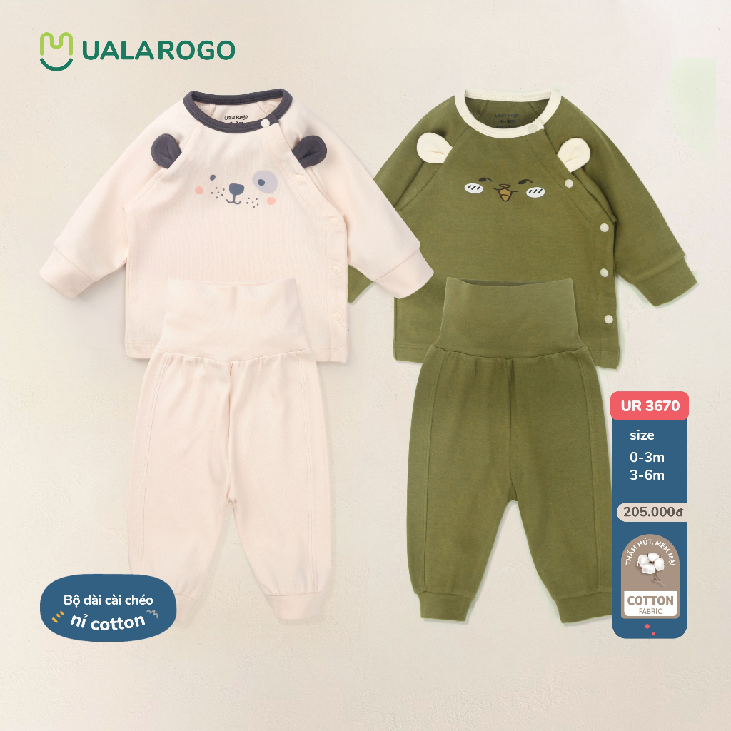 Bộ dài tay sơ sinh Ualarogo cho bé 0 - 6 tháng vải Cotton nỉ cúc chéo ấm áp mềm mịn thoáng mát 3670
