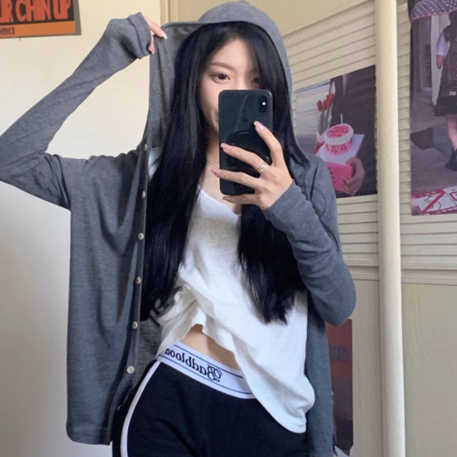 Áo cardigan dệt kim mỏng hoodie có mũ basic màu xám tôn da dài tay dáng vừa