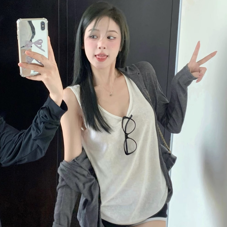 Áo cardigan dệt kim mỏng hoodie có mũ basic màu xám tôn da dài tay dáng vừa