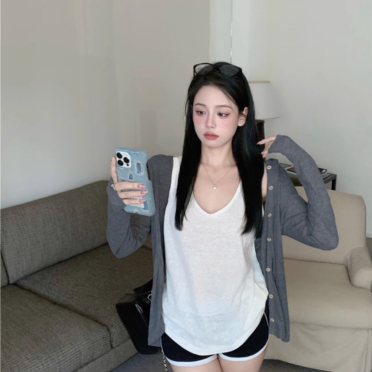 Áo cardigan dệt kim mỏng hoodie có mũ basic màu xám tôn da dài tay dáng vừa