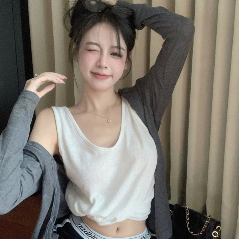 Áo cardigan dệt kim mỏng hoodie có mũ basic màu xám tôn da dài tay dáng vừa
