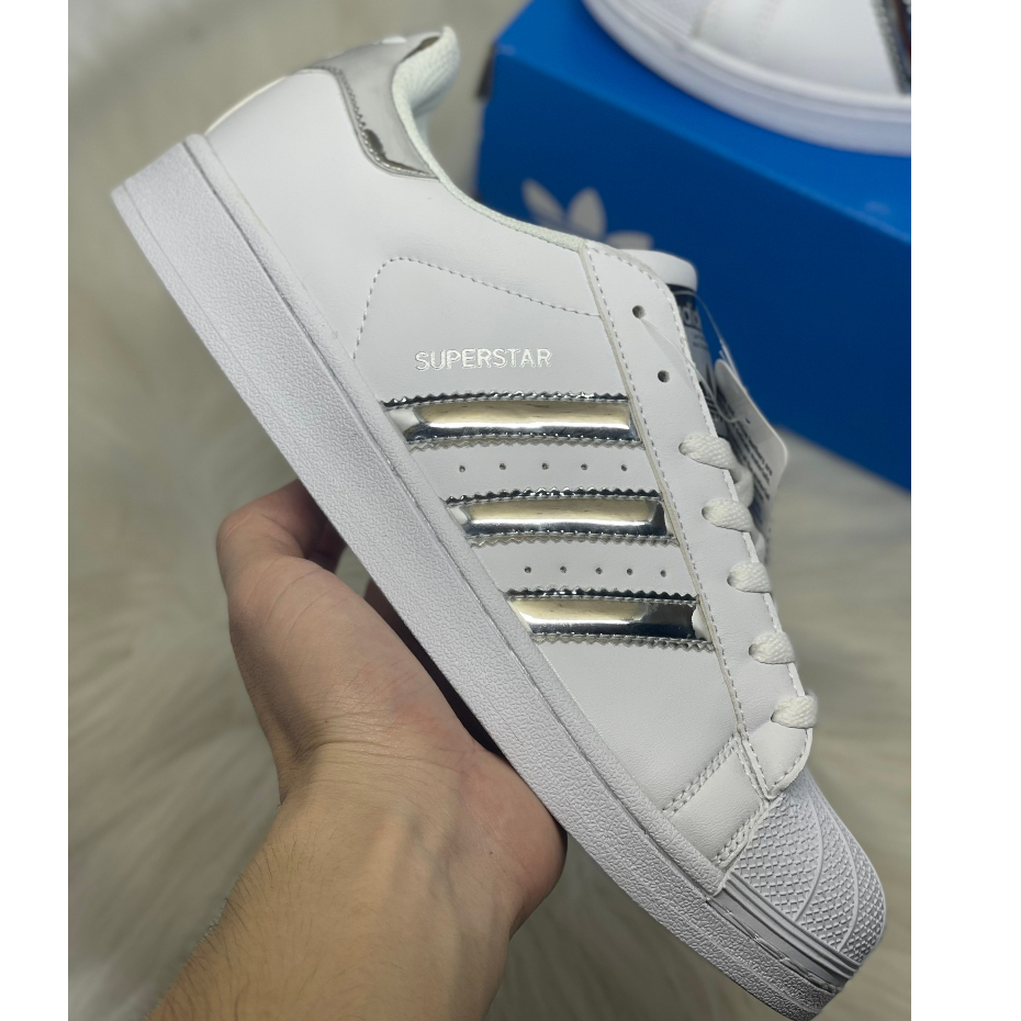 GIÀY THỂ THAO ADIDAS SUPERSTAR MÀU TRẮNG SỌC GHI, ADIDAS SUPERSTAR WHITE SILVER FULL BOX BILL