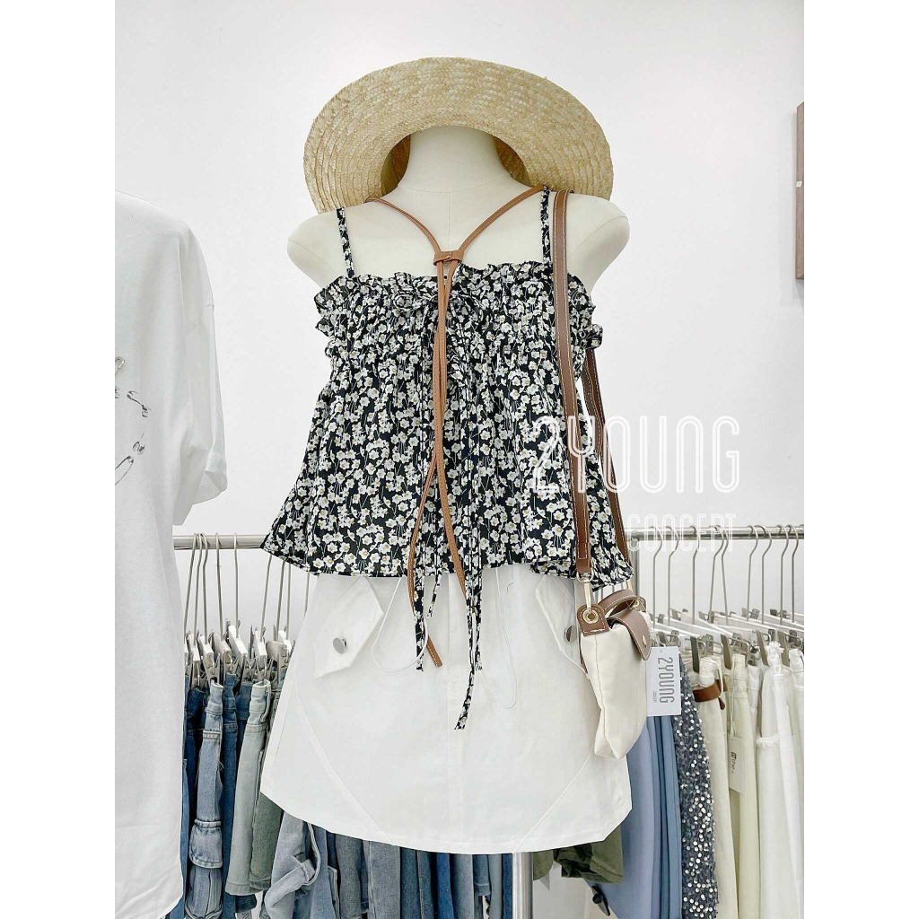 Áo hai dây hoa đen [2YOUNG] A2354 (ảnh thật)