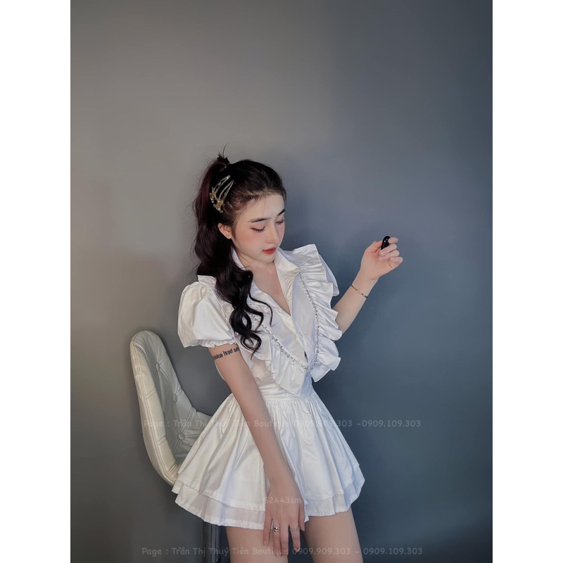 Set áo sơmi bèo tiểu thư chân váy xòe - Bộ áo sơmi bèo lụa satin kèm chân váy