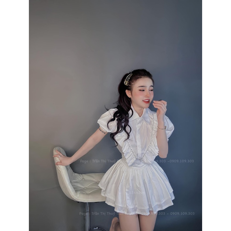 Set áo sơmi bèo tiểu thư chân váy xòe - Bộ áo sơmi bèo lụa satin kèm chân váy