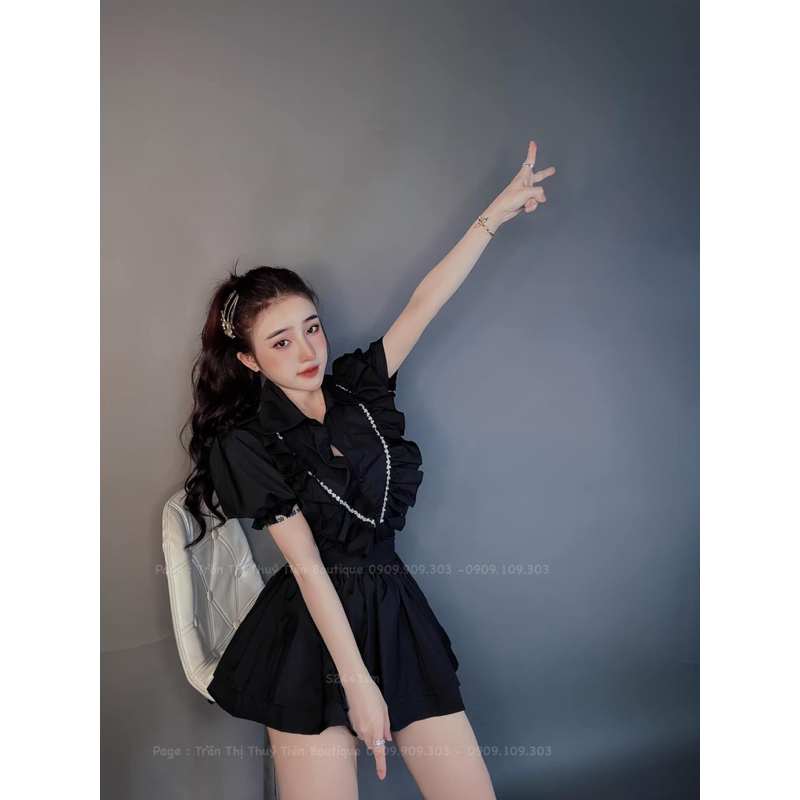 Set áo sơmi bèo tiểu thư chân váy xòe - Bộ áo sơmi bèo lụa satin kèm chân váy