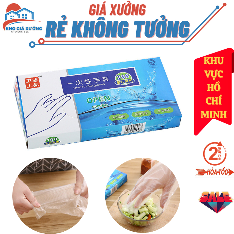 Hộp 200 găng tay nilon dùng 1 lần, set 200 bao tay nilon chống thấm,chống dầu mở giữ vệ sinh tay khi làm bếp