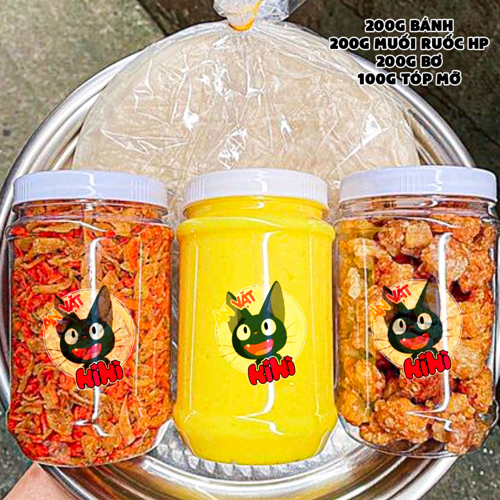 Bánh tráng phơi sương KiKi, set bánh tráng 150g+200g muối ruốc hành phi+200g bơ+100g tóp mỡ