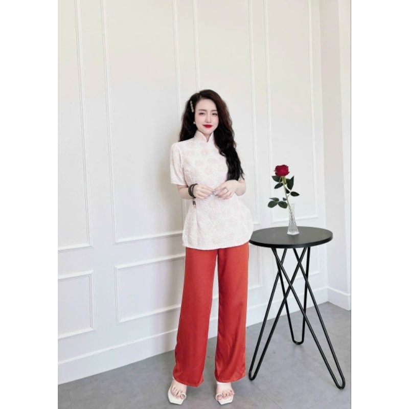 Bộ lam áo xốp quần gấm tuyết nhung