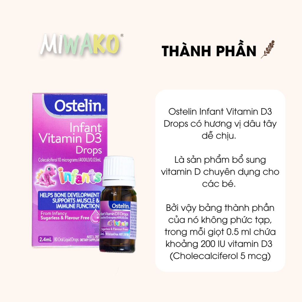 Vitamin D3 Ostelin 400 IU dạng giọt cho trẻ sơ sinh Infant Kids Drops 2.4ml phòng ngừa tình trạng còi xương của bé