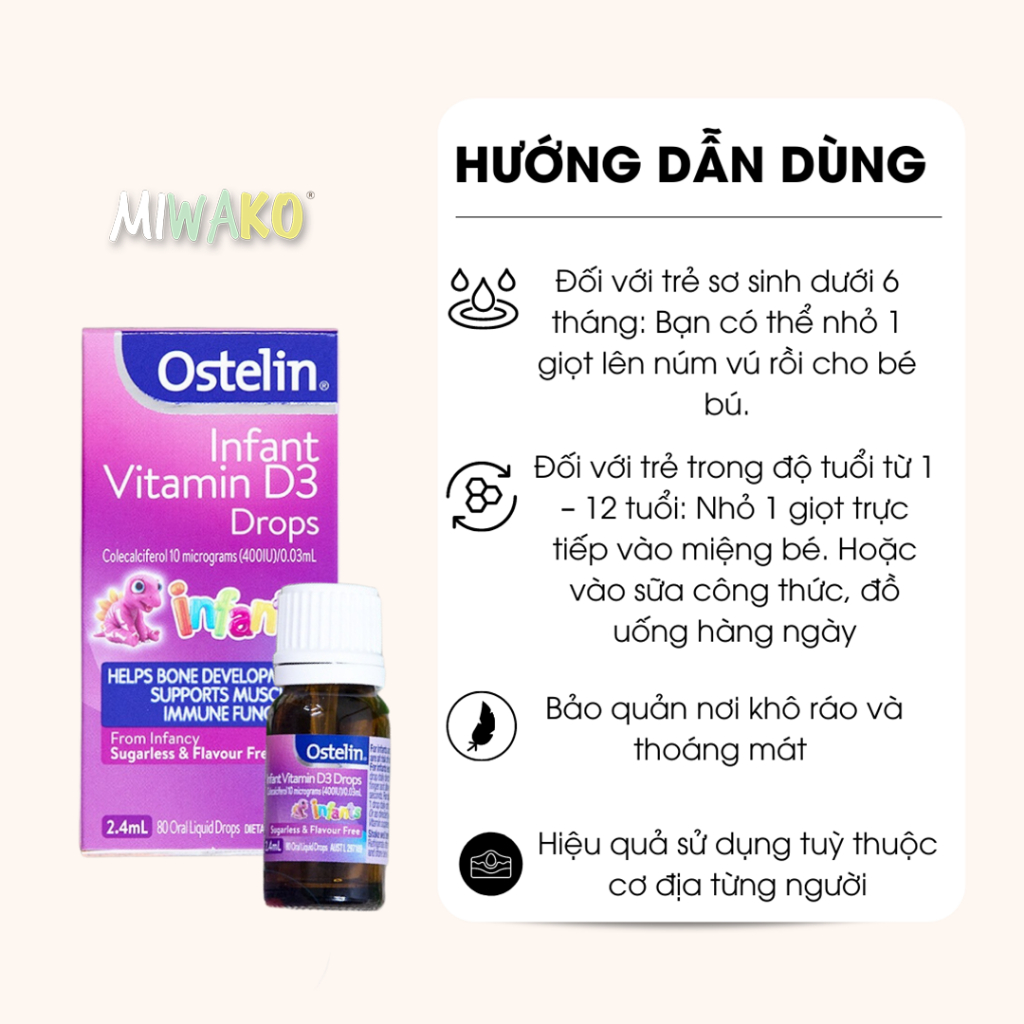 Vitamin D3 Ostelin 400 IU dạng giọt cho trẻ sơ sinh Infant Kids Drops 2.4ml phòng ngừa tình trạng còi xương của bé