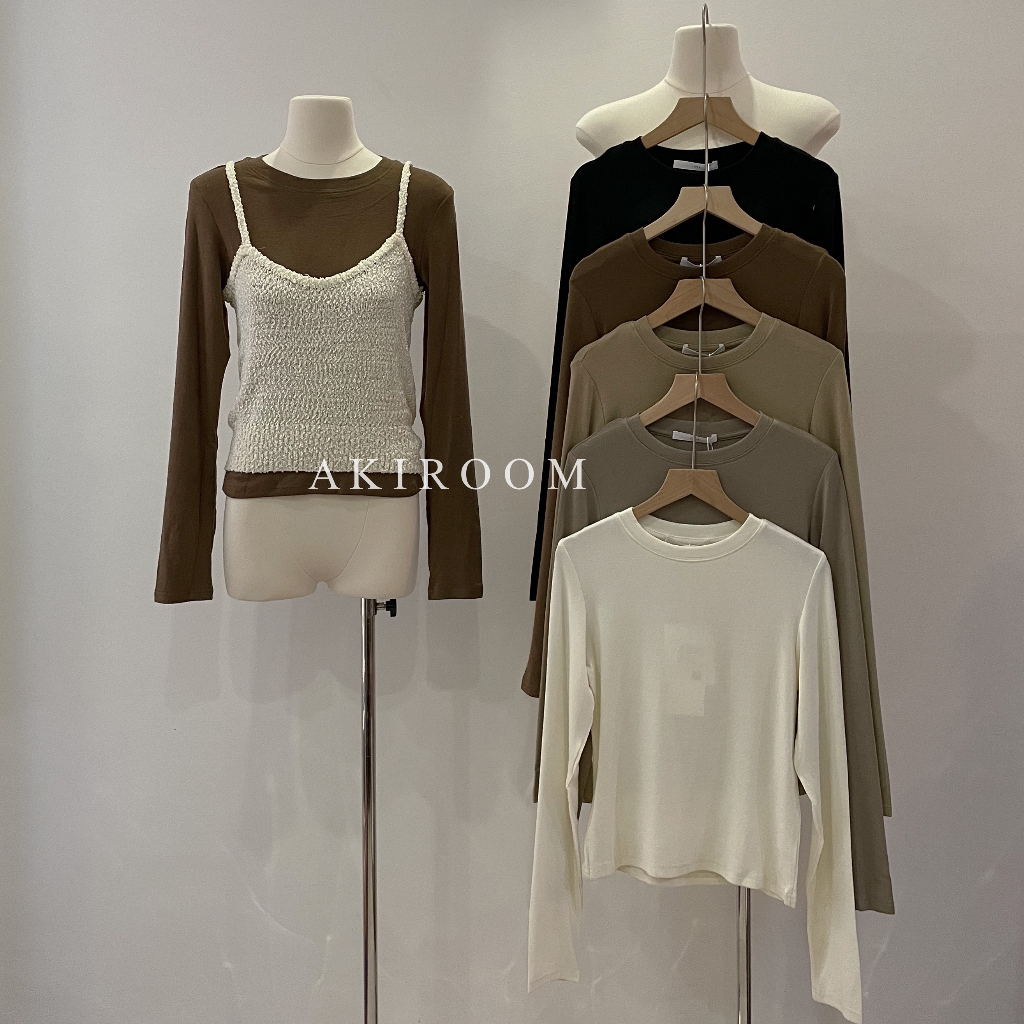 Áo thun trơn ôm body co giãn cổ tròn dài tay 8021449