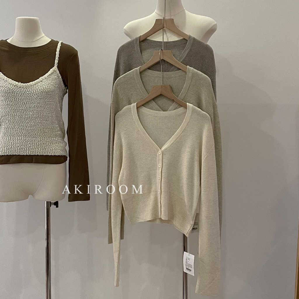 Áo cardigan len gân mỏng cổ V dáng ngắn bo gấu 105205