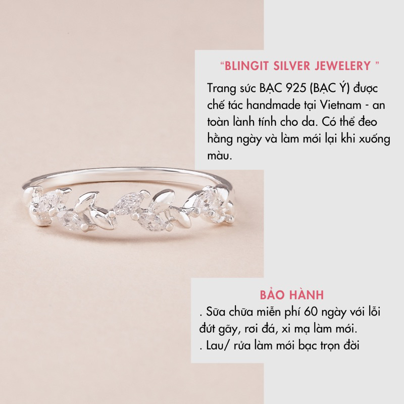 Nhẫn bạc nữ BLINGIT hình chiếc lá đính đá phong cách trang sức bạc 925 Ý cao cấp nữ tính BIN386