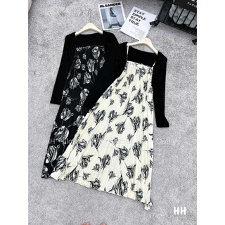 Set váy hai dây hoa dáng dài kèm áo khoác cardigan [FREESHIP] Đầm maxi dáng suông phong cách tiểu thư