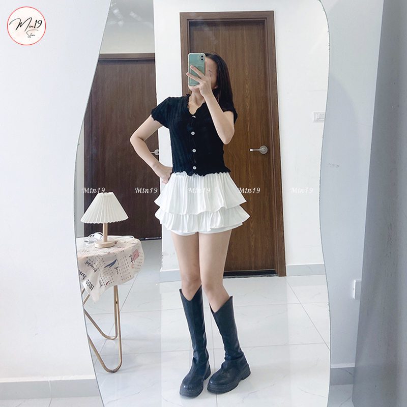 Áo Dệt Kim Tay Ngắn MIN19 Áo Len Mỏng Croptop Cổ V Bigsize Kiểu Ôm Body Hàn Quốc Màu Đen Trắng Hồng