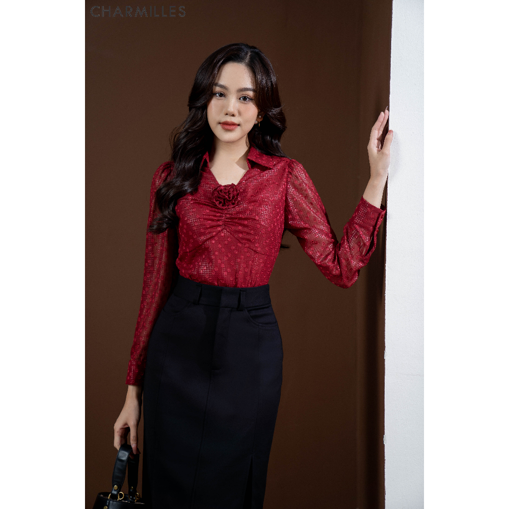 Áo kiểu Charmilles dài tay cổ sơ mi đỏ trầm 22MA147BT