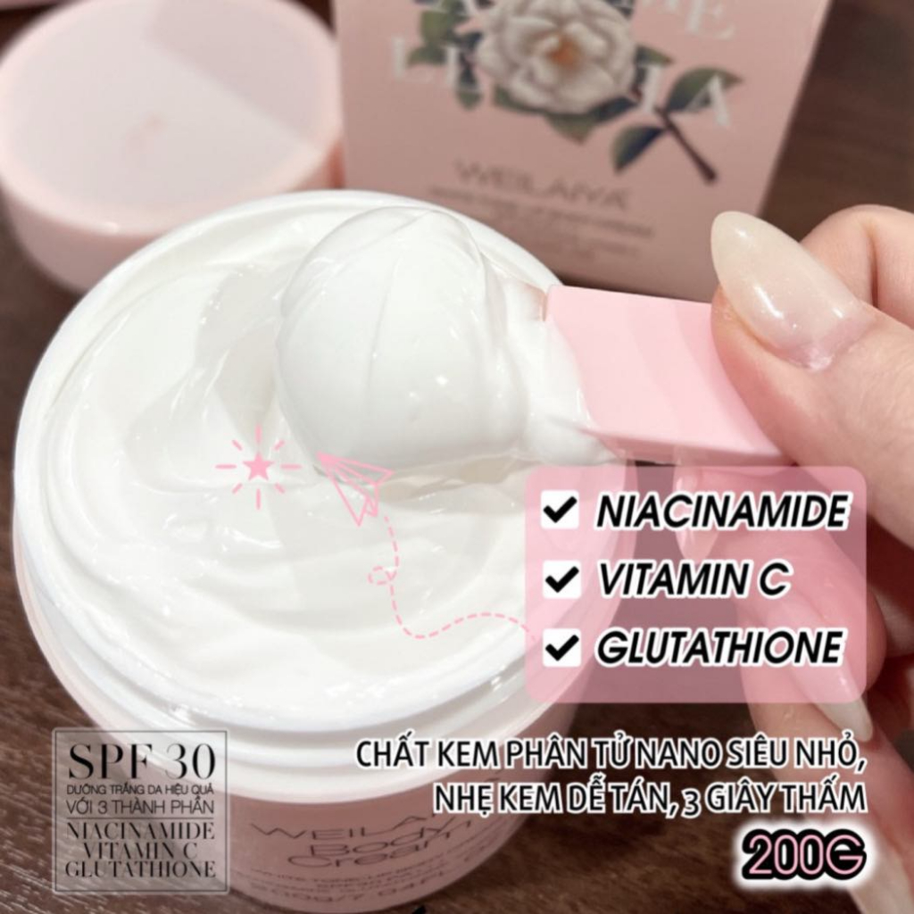 Kem dưỡng trắng da body Weilaiya, nhanh thấm, không lộ vân kem, lành tính, chống nắng, bảo vệ da, SPF30, PA+++ 200gr