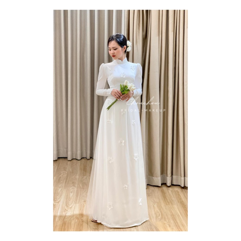 Áo dài trăng lụa hoa 3D