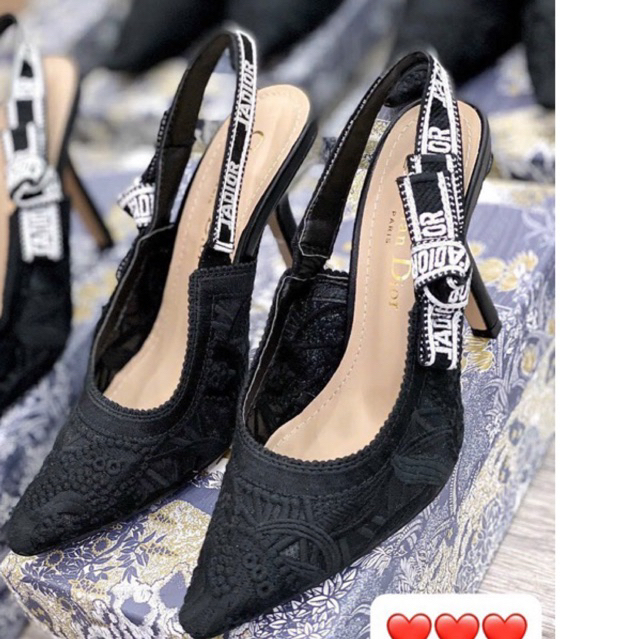 Giày cao gót sandal Dior vải thêu fullbox bill túi xinh xỉu hai màu đen trắng